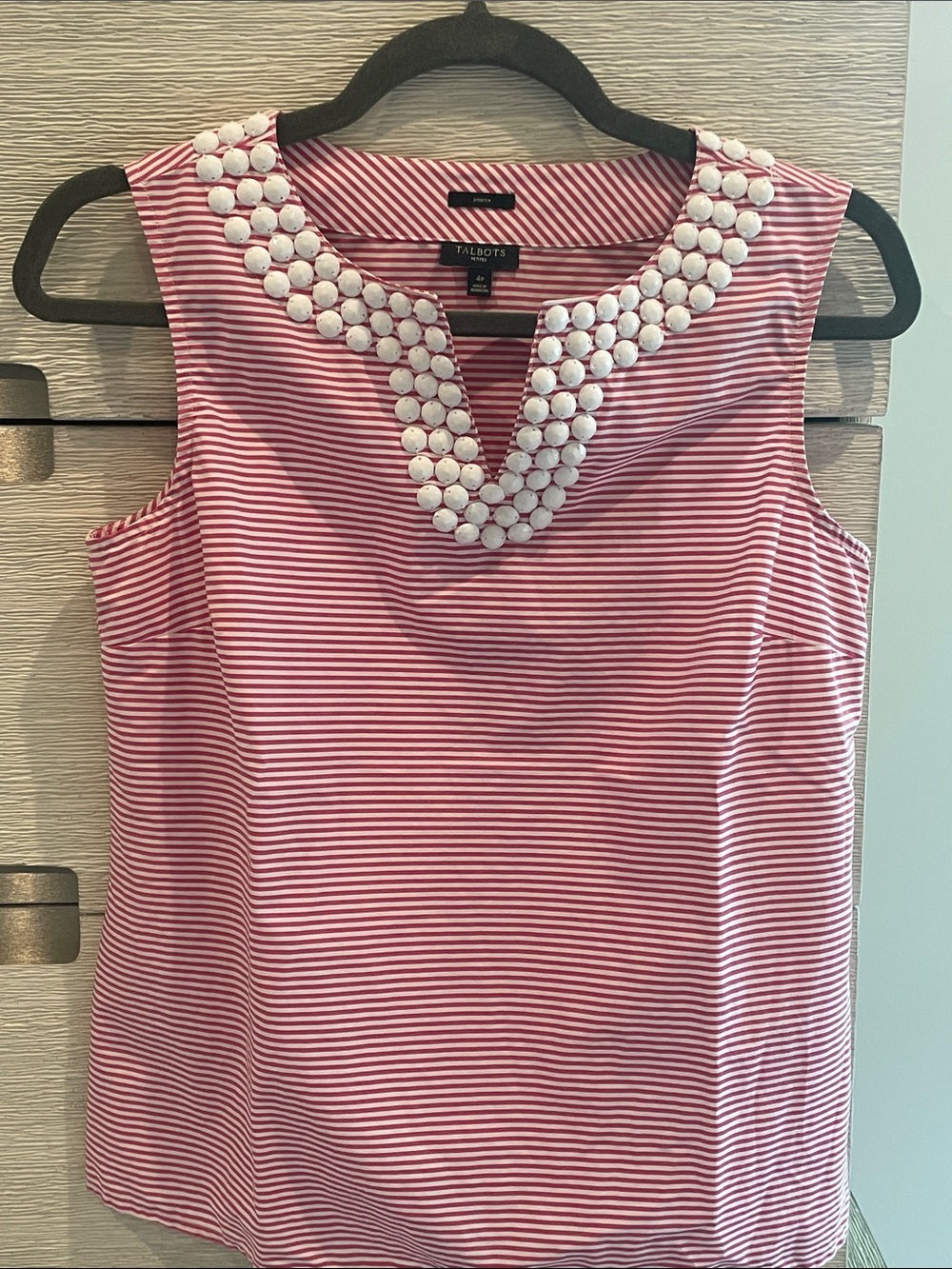Talbots Pink & White Striped Sleeveless Top with Beaded Neckline